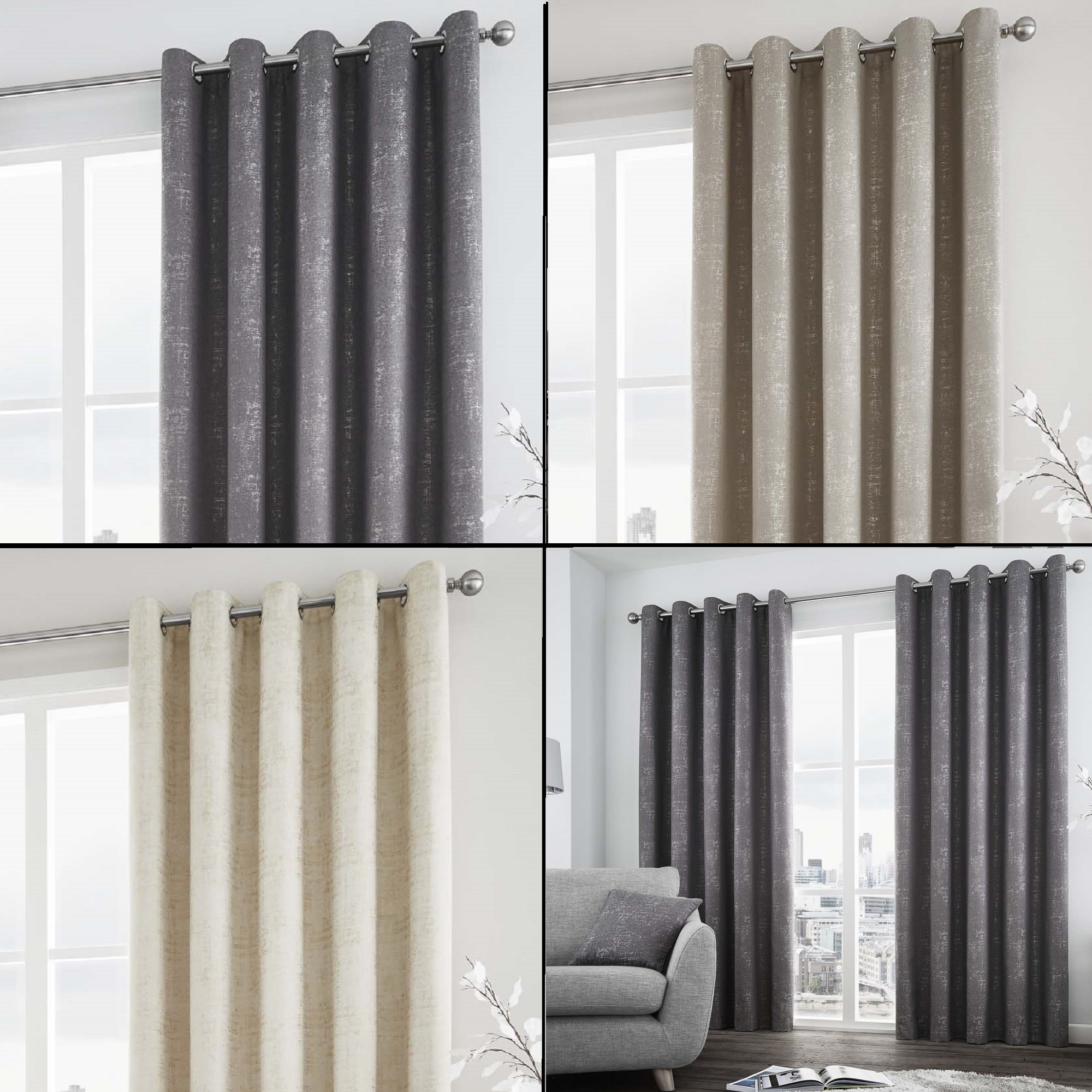 Solent Lined Eyelet Curtains With Silver Metallic Tones Grey Cream Ebay