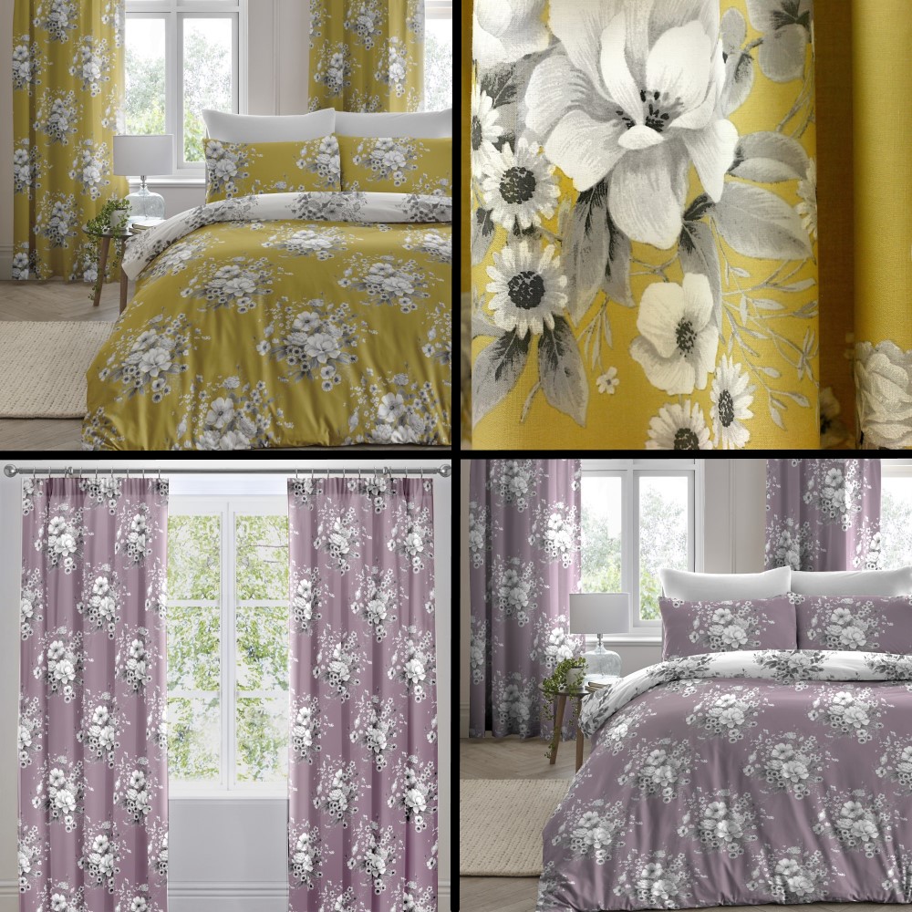 Details About Mirabella Floral Duvet Cover Set Curtains Bedspread Lavender Purple Ochre Yellow