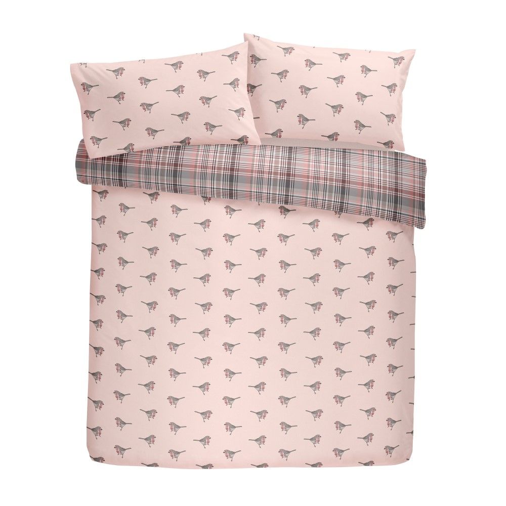 Christmas Robin 100 Brushed Cotton Duvet Cover Set Pink