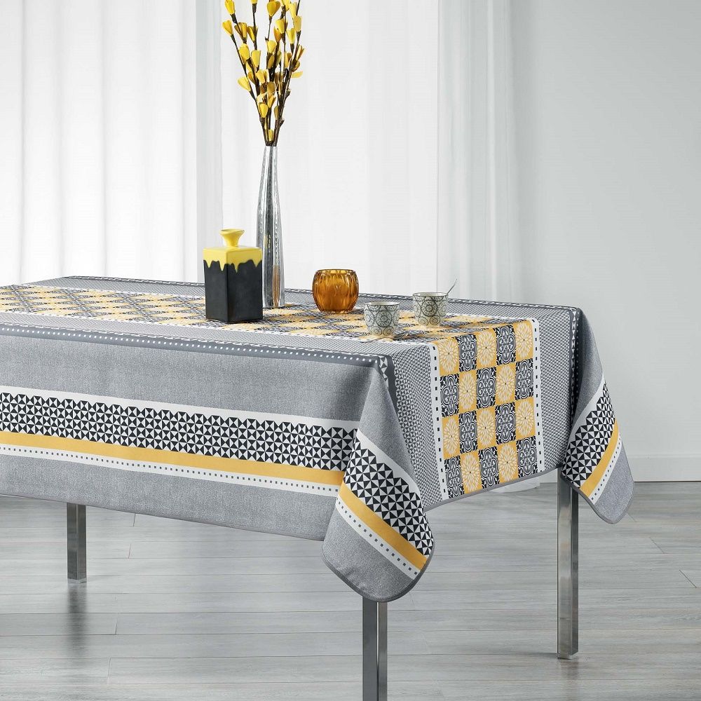 yellow and grey tablecloth