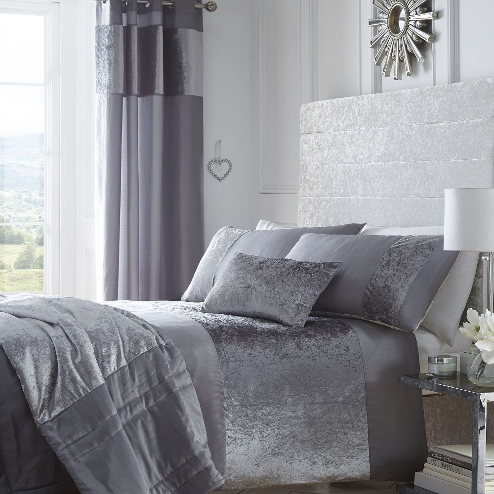 Boulevard Silver Grey Crushed Velvet Quilt Duvet Cover