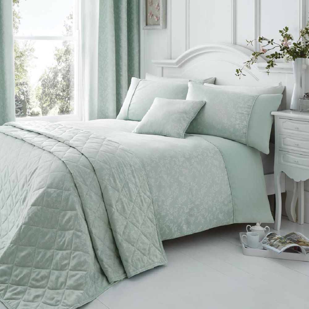 Ebony Floral Cotton Rich Bedspread Duck Egg Blue