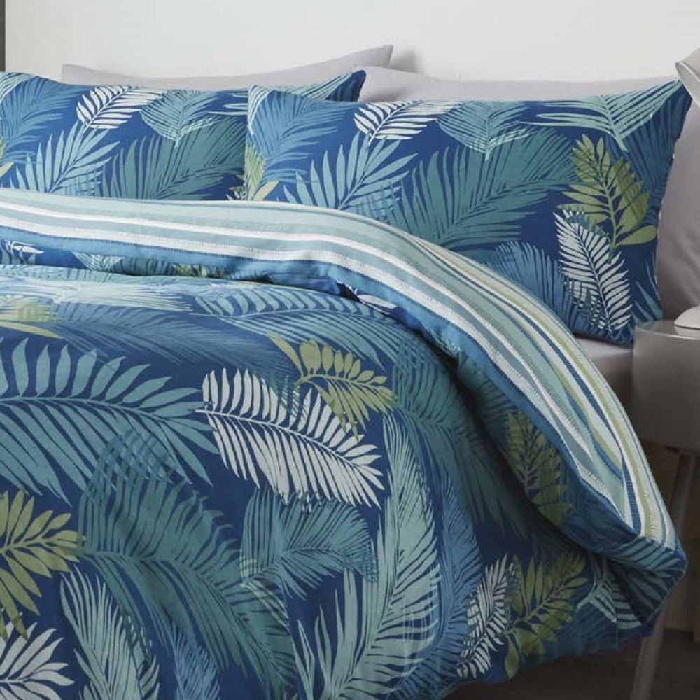 Tropical Leaf Reversible Stripe Duvet Cover Set Teal Blue