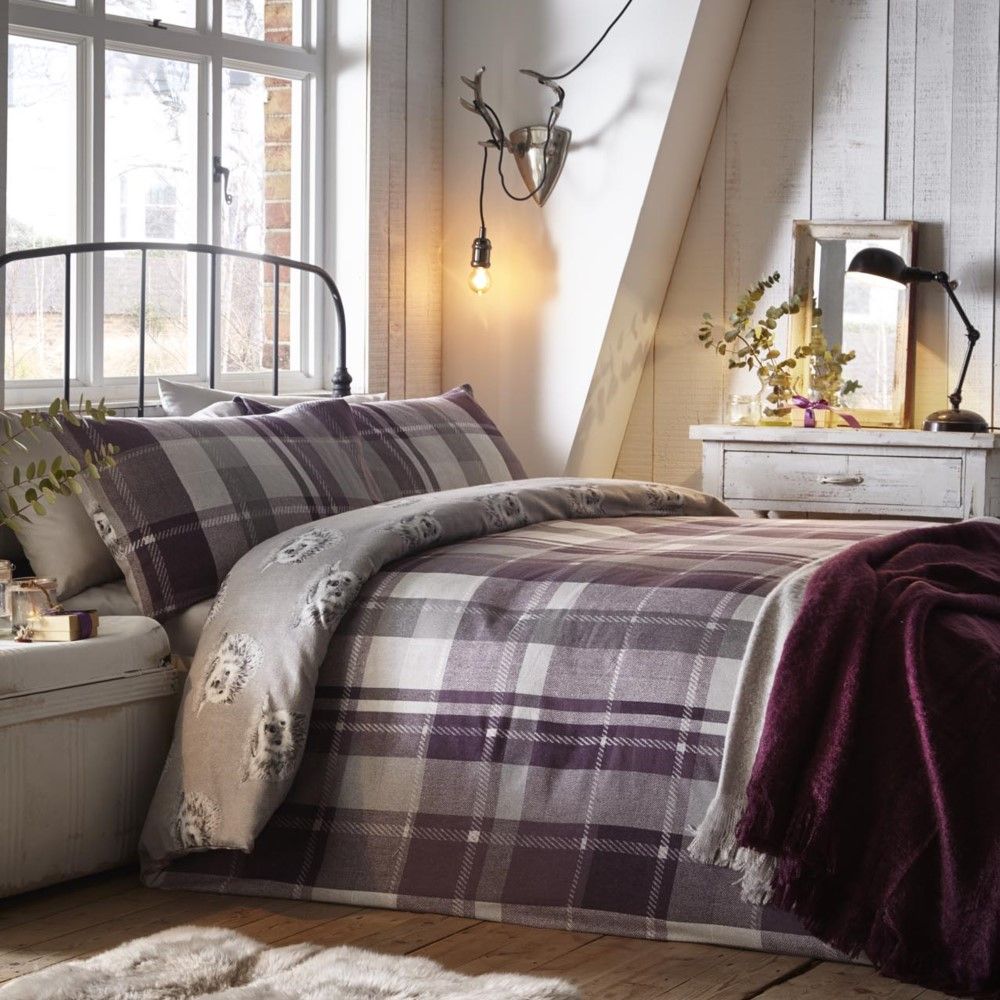 Colville Check Brushed Cotton Duvet Cover Set Plum Purple