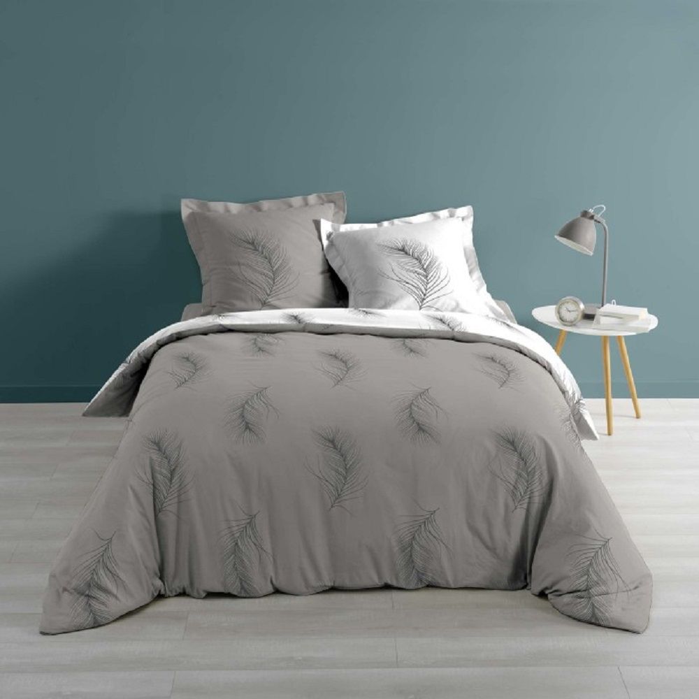 Sensalia Feather Print 100 Cotton Duvet Cover Set Grey