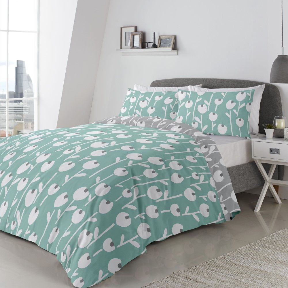 Alabar Floral Duvet Cover Set Mint Blue Grey Tonys