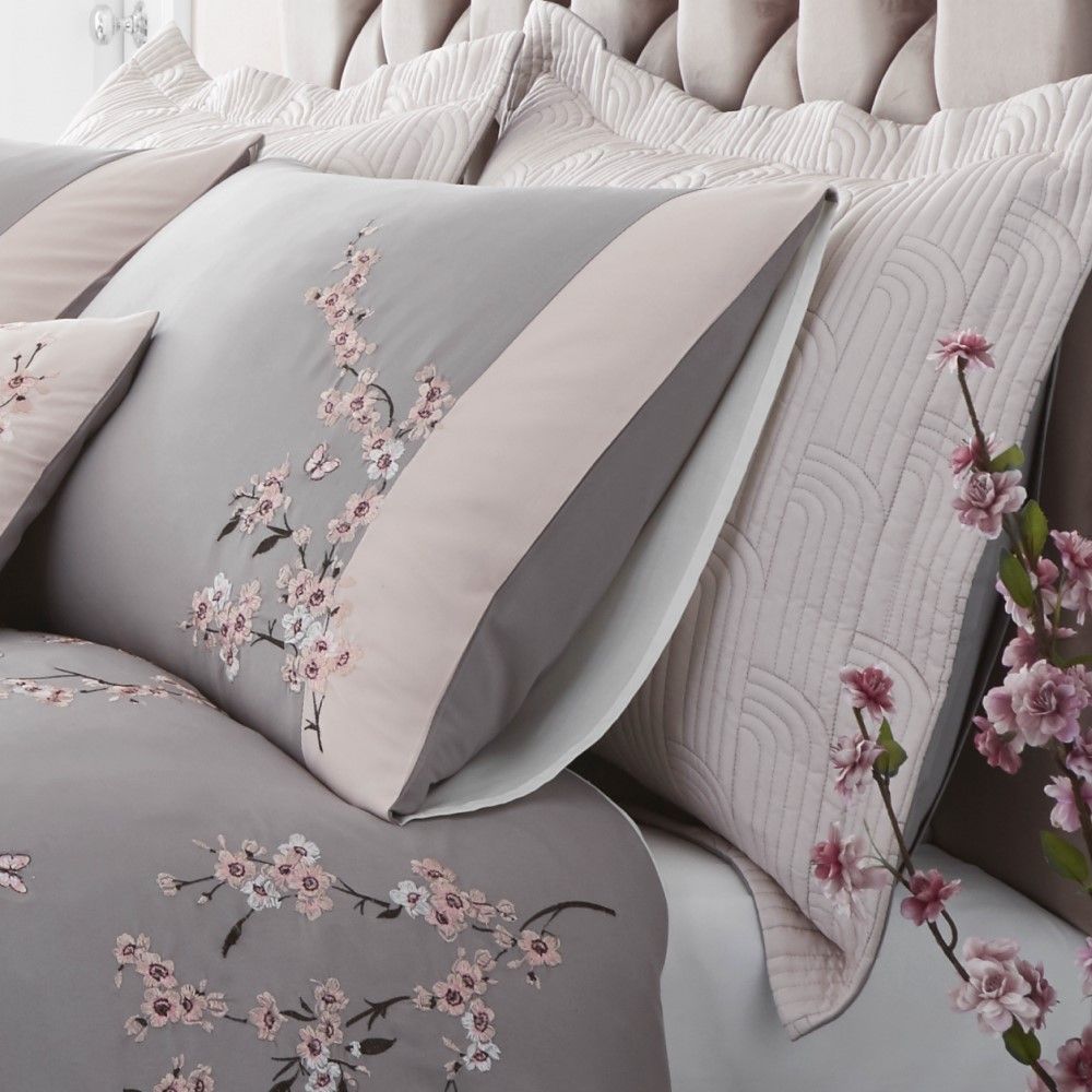 Catherine Lansfield Embroidered Blossom Duvet Cover Set Grey