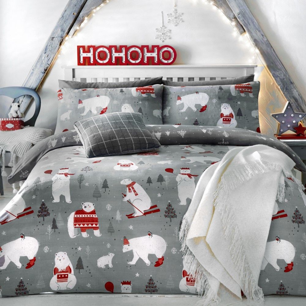 Polar Bear Christmas Duvet Cover Set Silver Grey Tonys