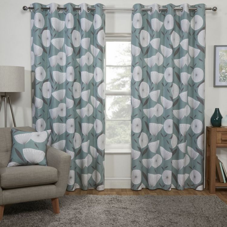 Scandi | Floral Fully Lined | Eyelet Curtains | Teal Blue | Tonys Textiles
